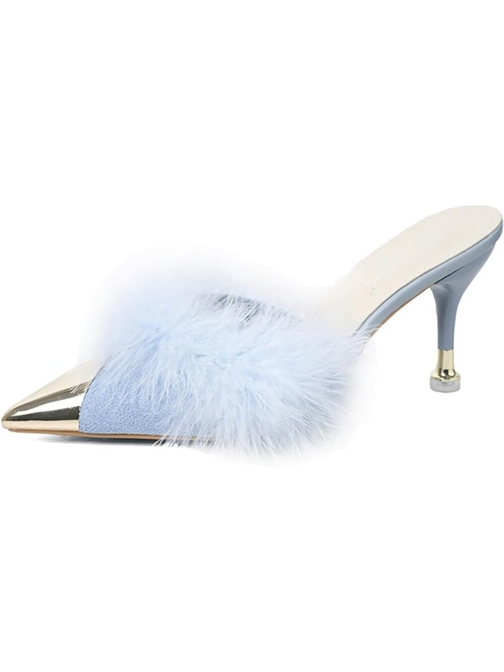 Women's Blue Fluffy Feather High Heel Mules Slip-On Comfortable Pinted